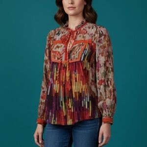 CONDITIONS APPLY Rainbow Candy Striped Ruffle Split Neck Bow Tie Top